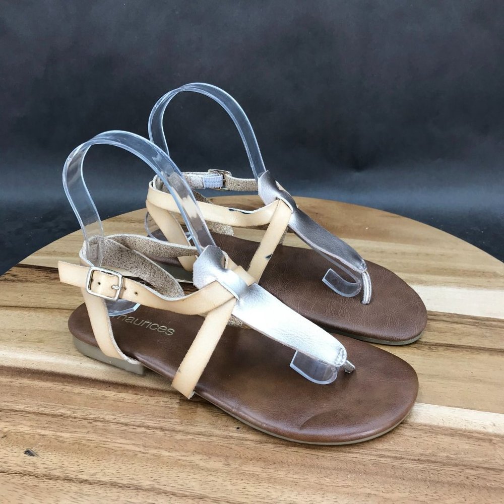 Maurices Beige Faux Leather T Strap Slingback Flat Sandals Womens Size 6